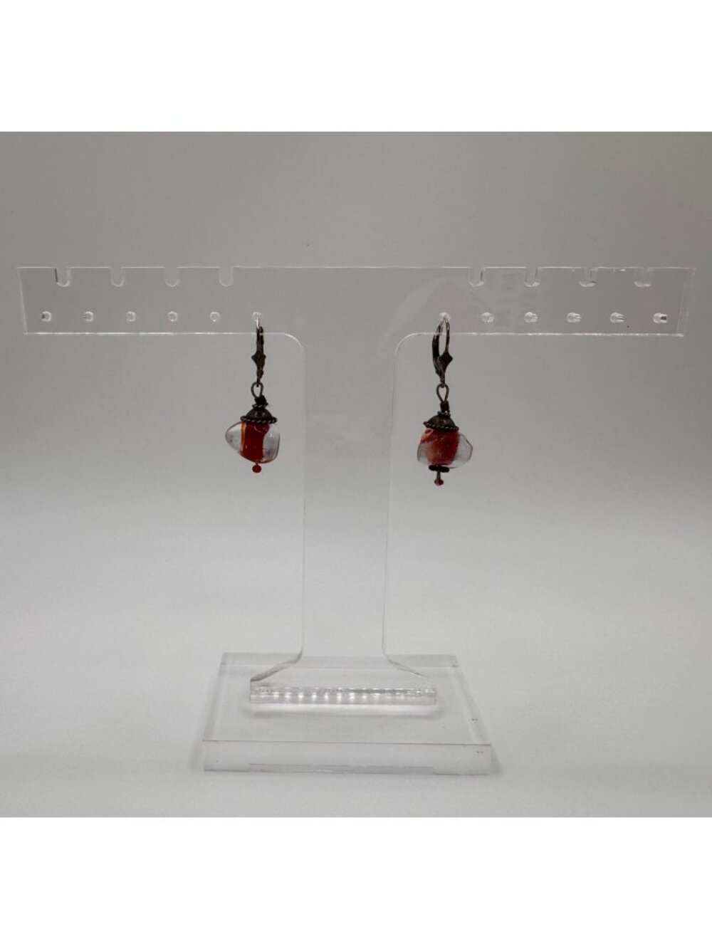 925 Leverback Red Clear Glass Lampwork Earrings Artisan Dangle 1.5”